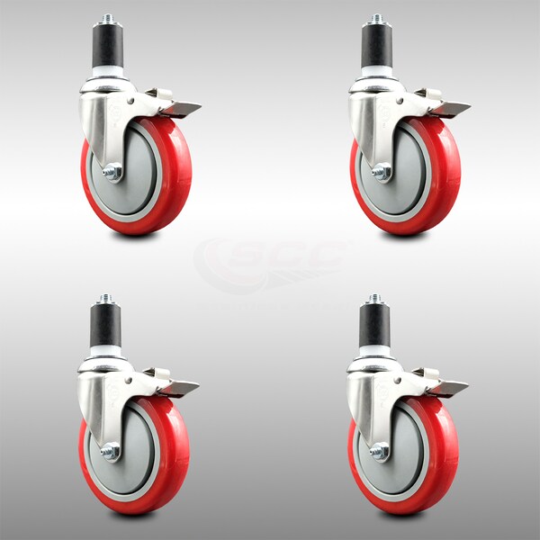 Service Caster 5 Inch 316SS Red Poly Swivel 1-5/8 Inch Expanding Stem Caster Set Lock Brake SCC-SS316TTLEX20S514-PPUB-RED-158-4 - main
